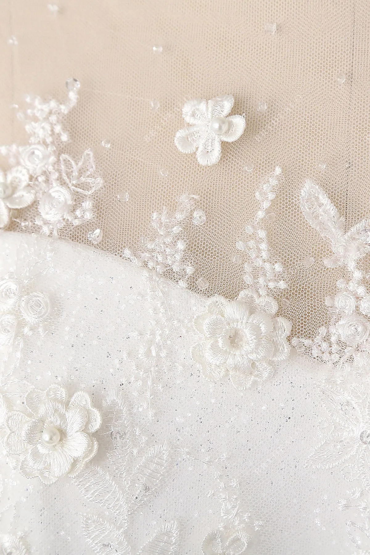 Beaded Floral Lace Glitter Illusion Wedding Dress