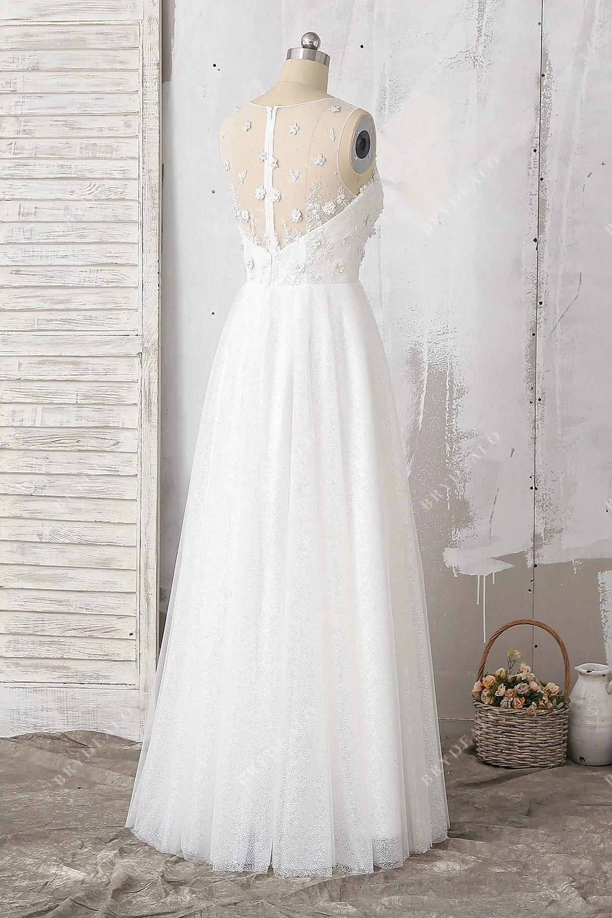 Beaded Floral Lace Glitter Illusion Wedding Dress