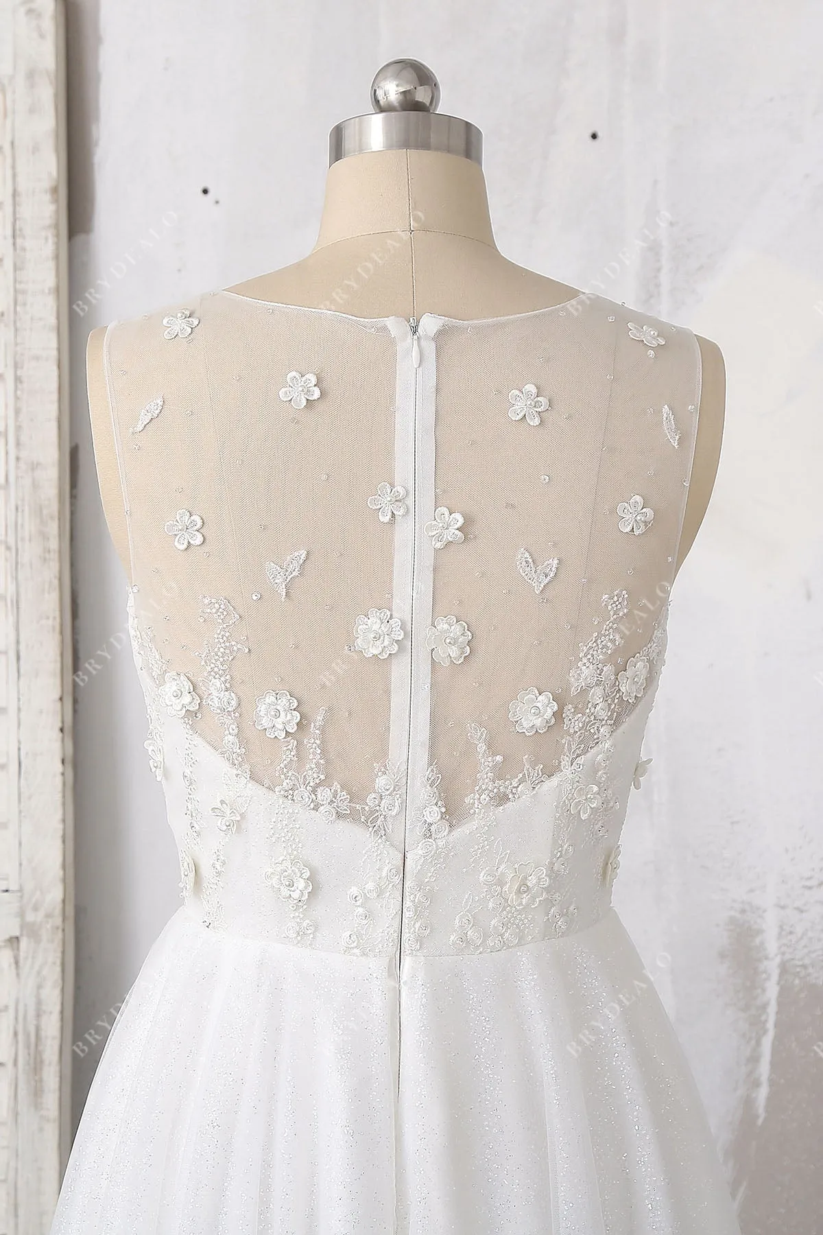 Beaded Floral Lace Glitter Illusion Wedding Dress