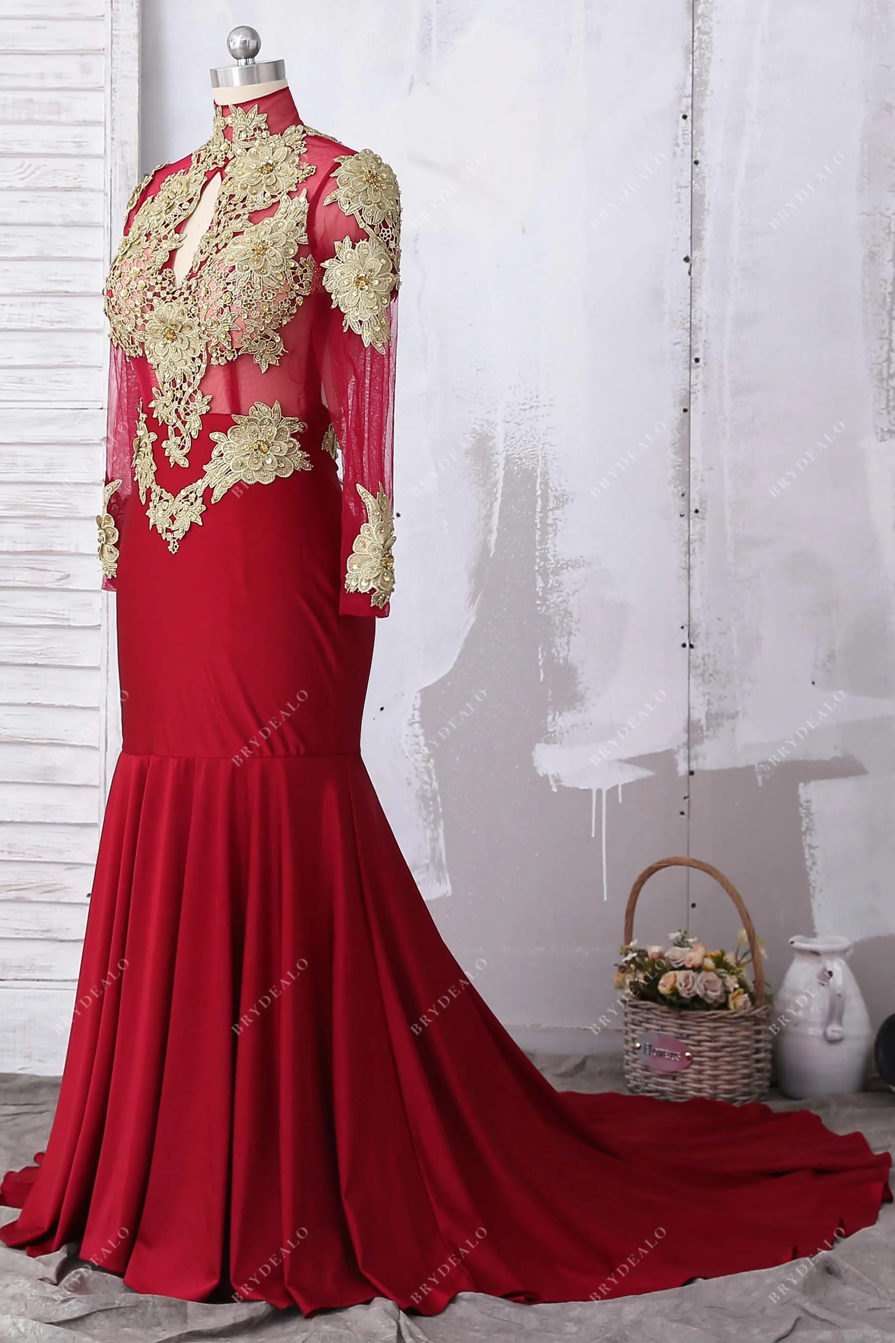 Beaded Gold Lace High-neck Unique Prom Dress