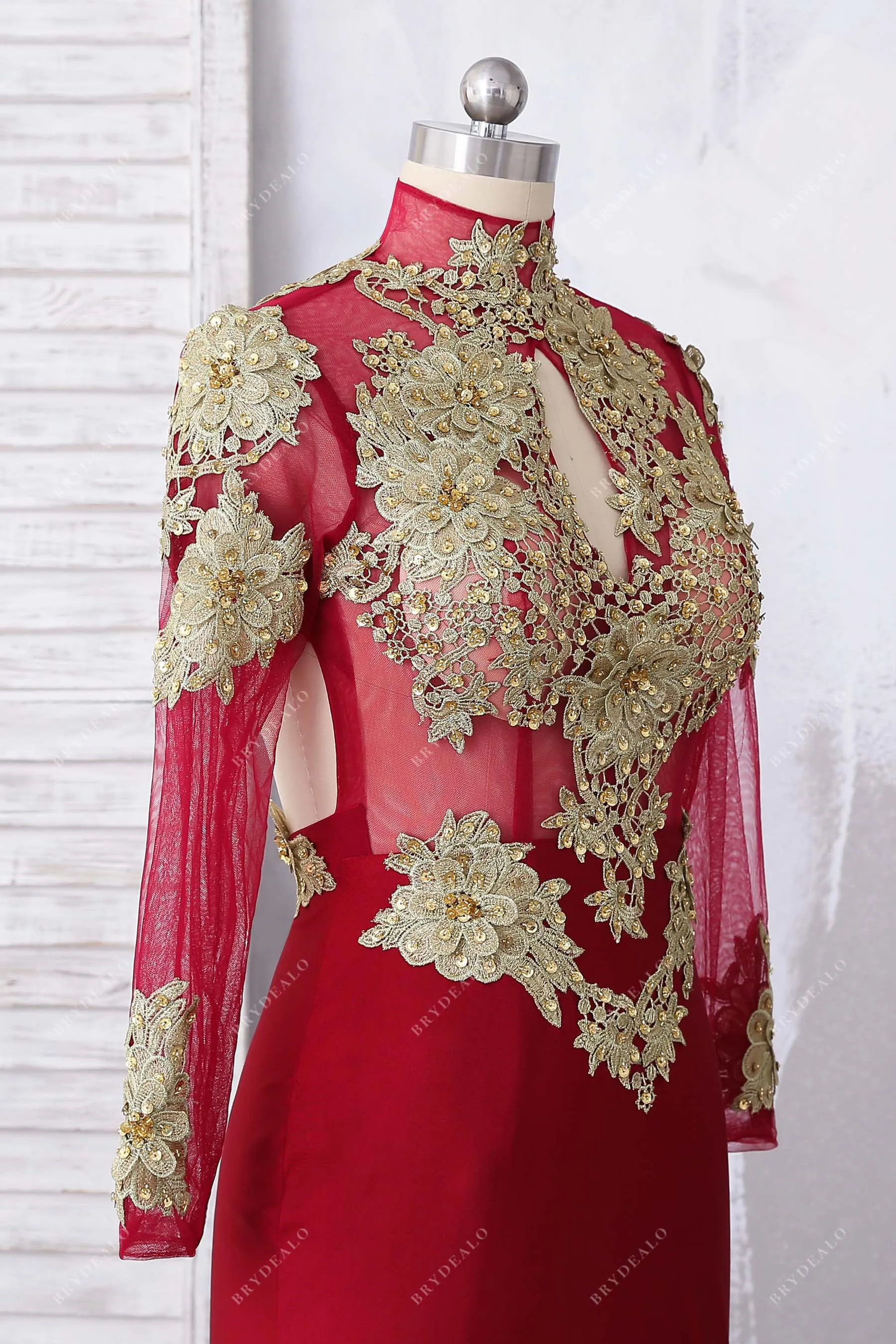 Beaded Gold Lace High-neck Unique Prom Dress