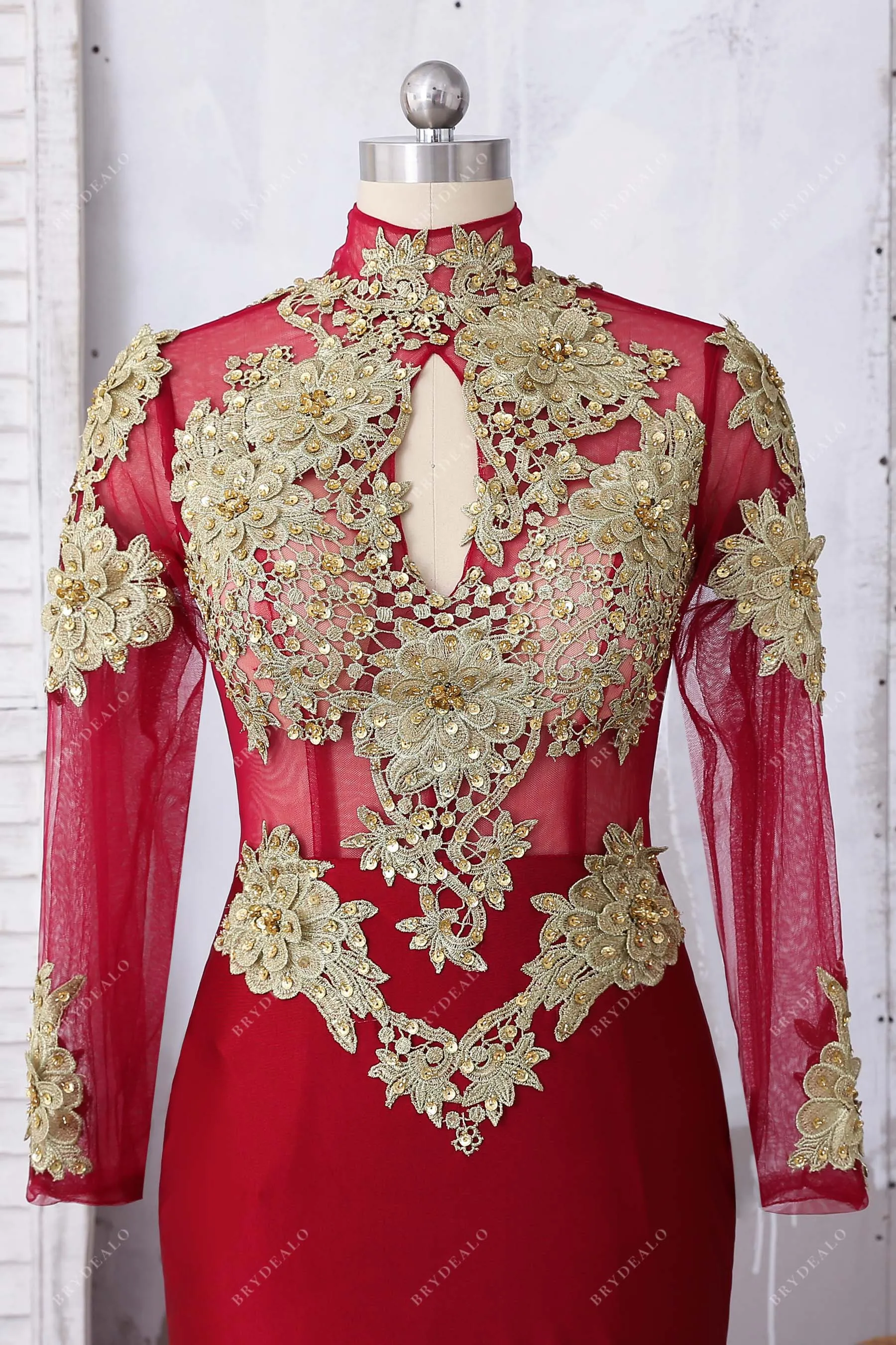 Beaded Gold Lace High-neck Unique Prom Dress