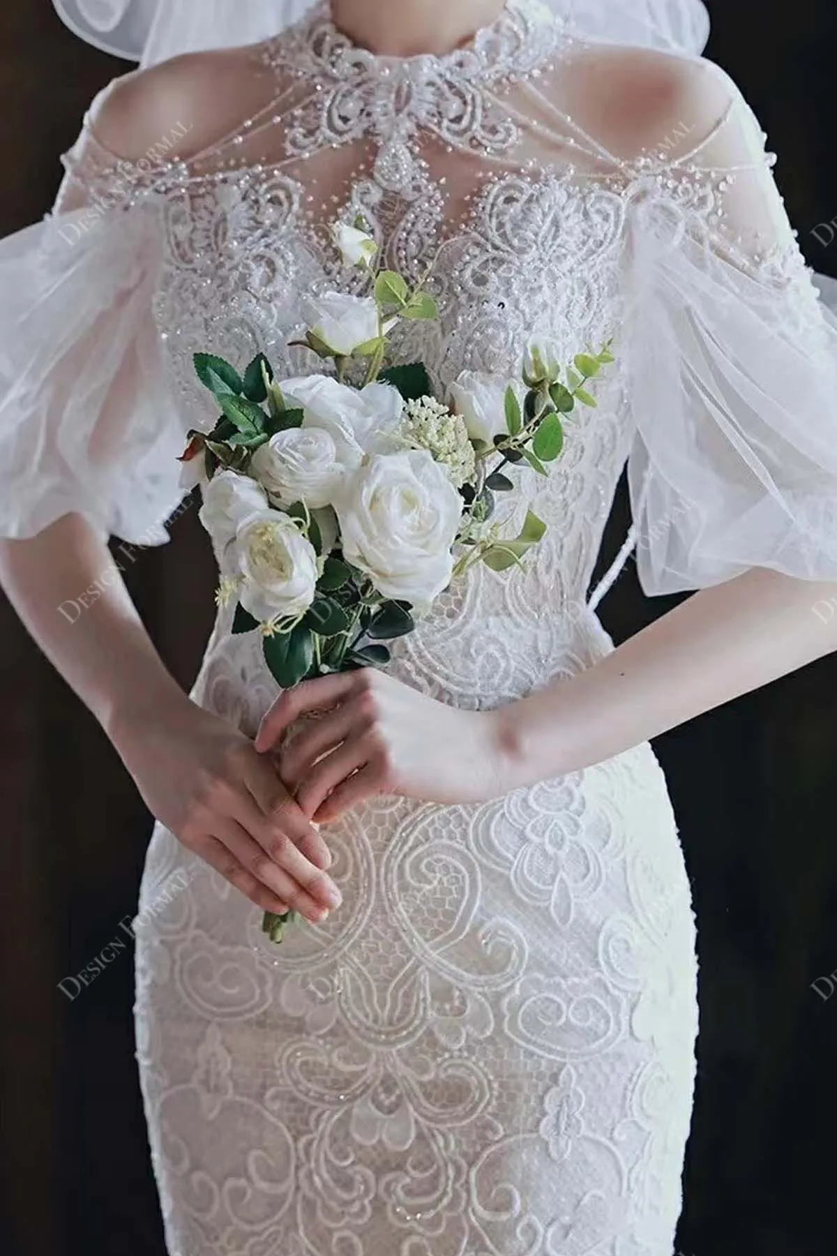 Beaded Halter Cold Shoulder Lace Mermaid Custom Bridal Dress