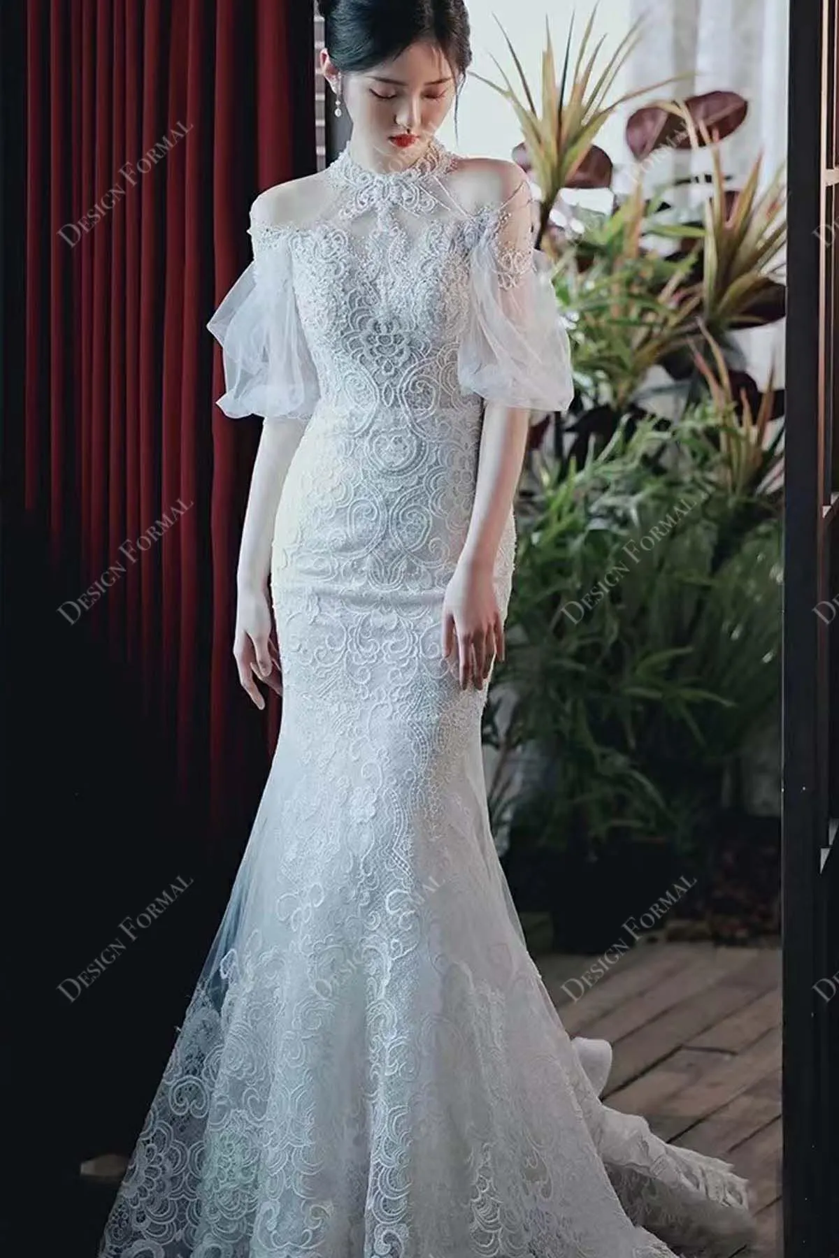 Beaded Halter Cold Shoulder Lace Mermaid Custom Bridal Dress