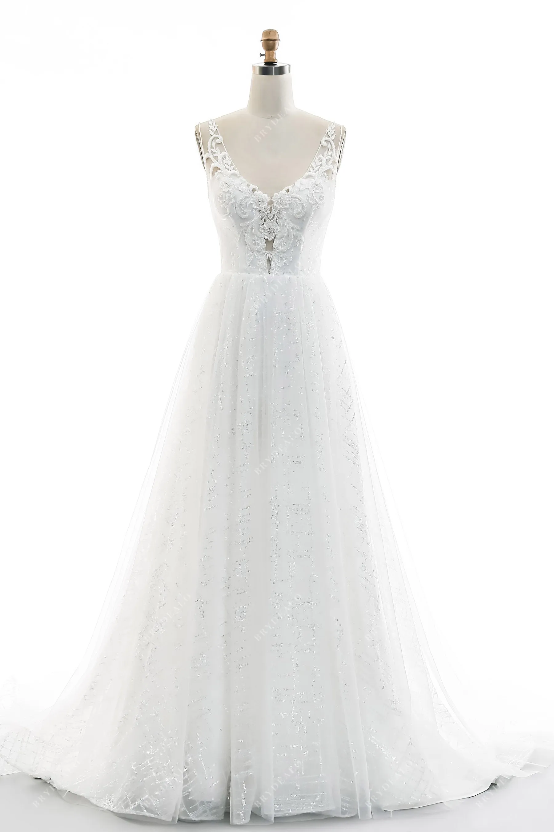 Beaded Lace Plunging Neck A-line Sequined Bridal Dress