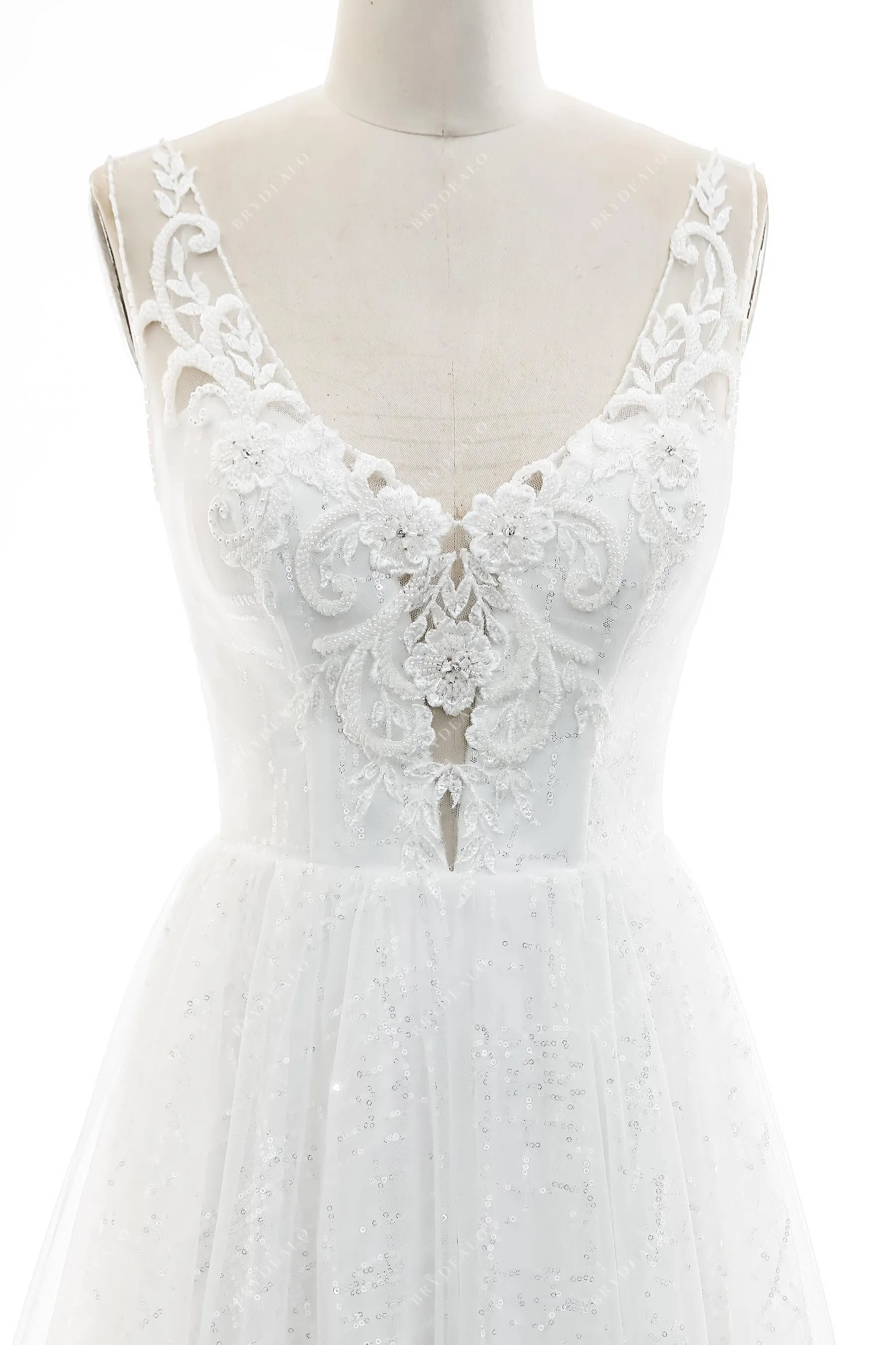 Beaded Lace Plunging Neck A-line Sequined Bridal Dress