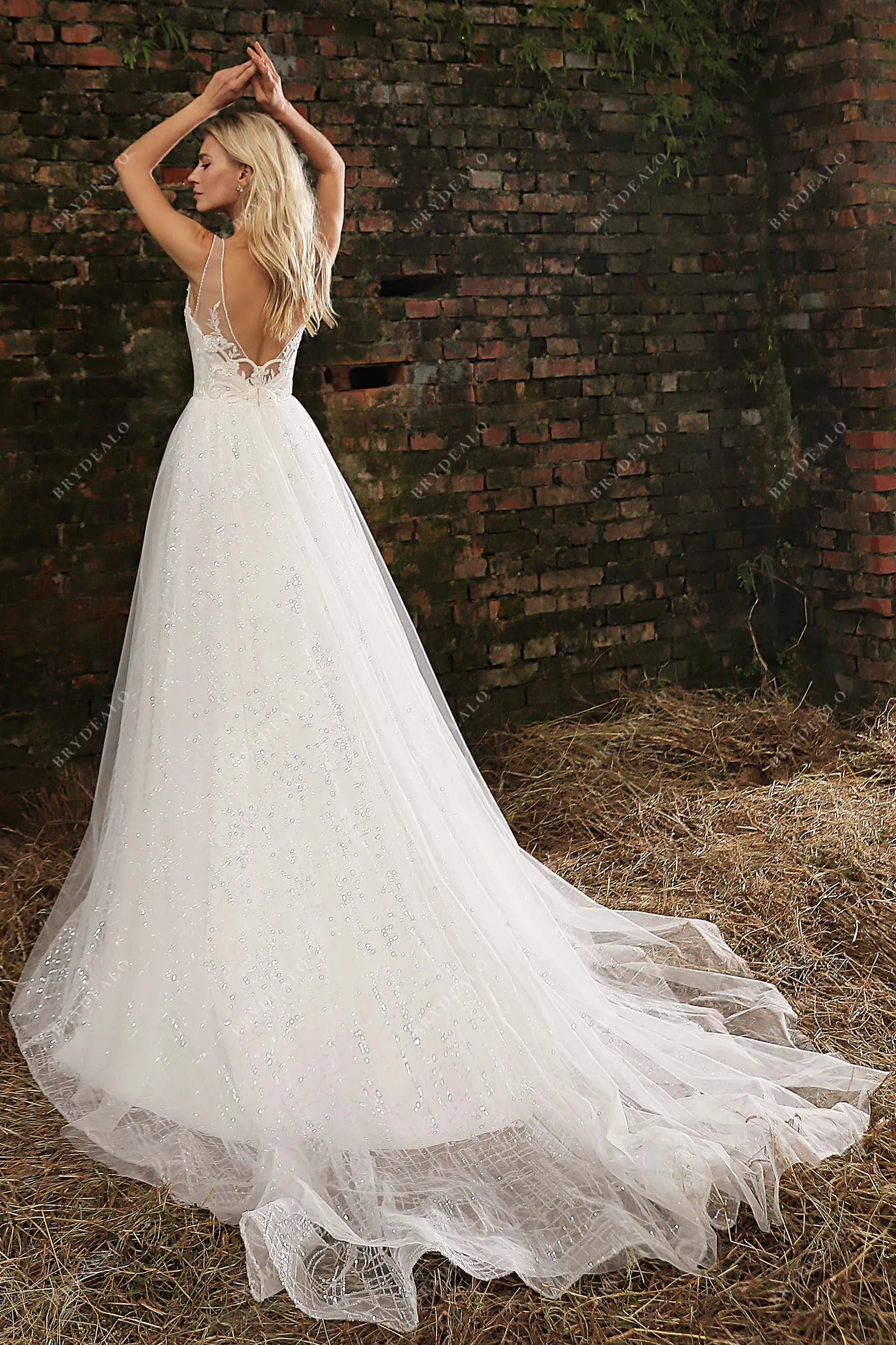 Beaded Lace Plunging Neck A-line Sequined Bridal Dress