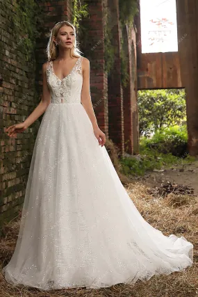 Beaded Lace Plunging Neck A-line Sequined Bridal Dress