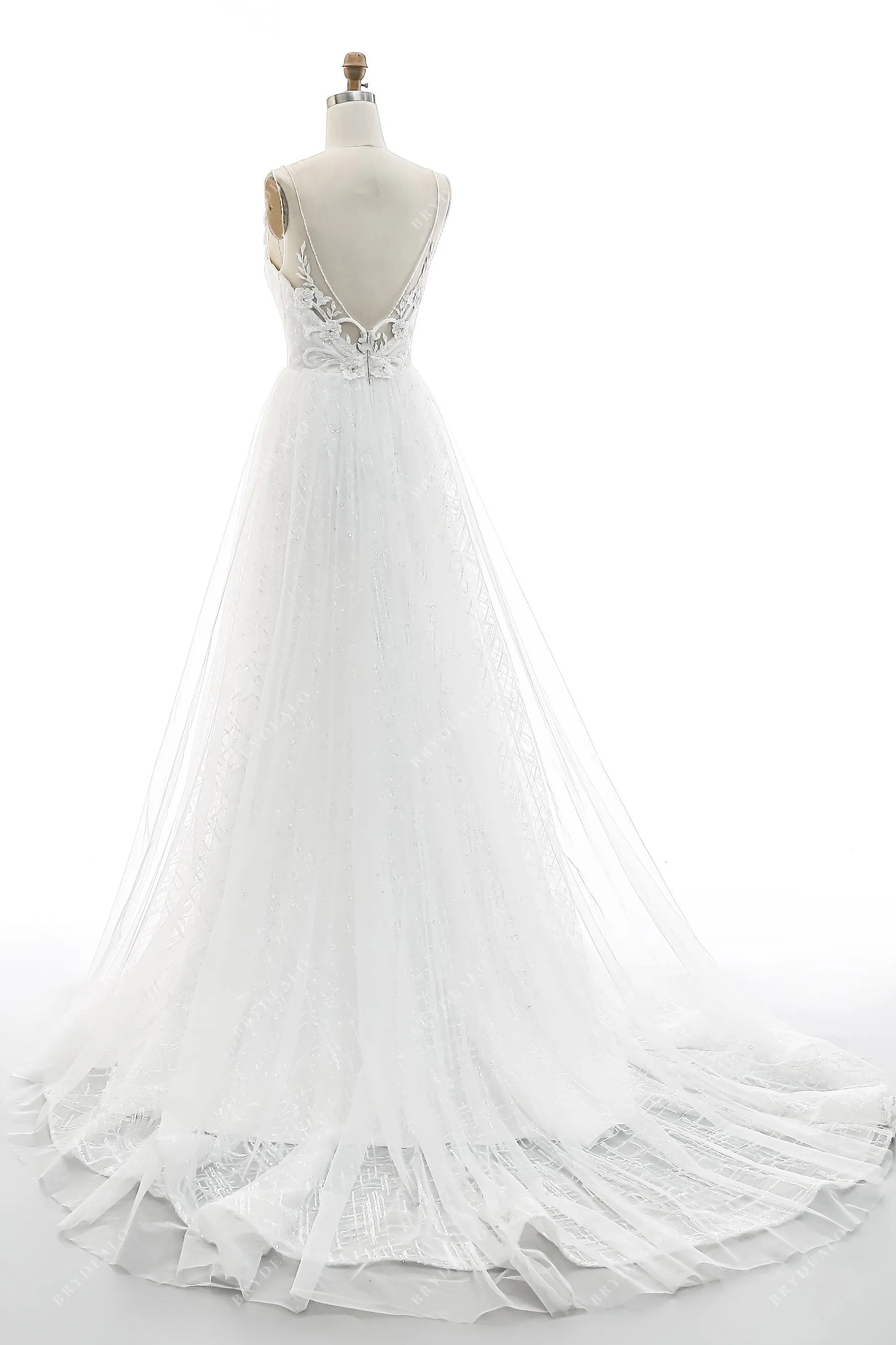 Beaded Lace Plunging Neck A-line Sequined Bridal Dress