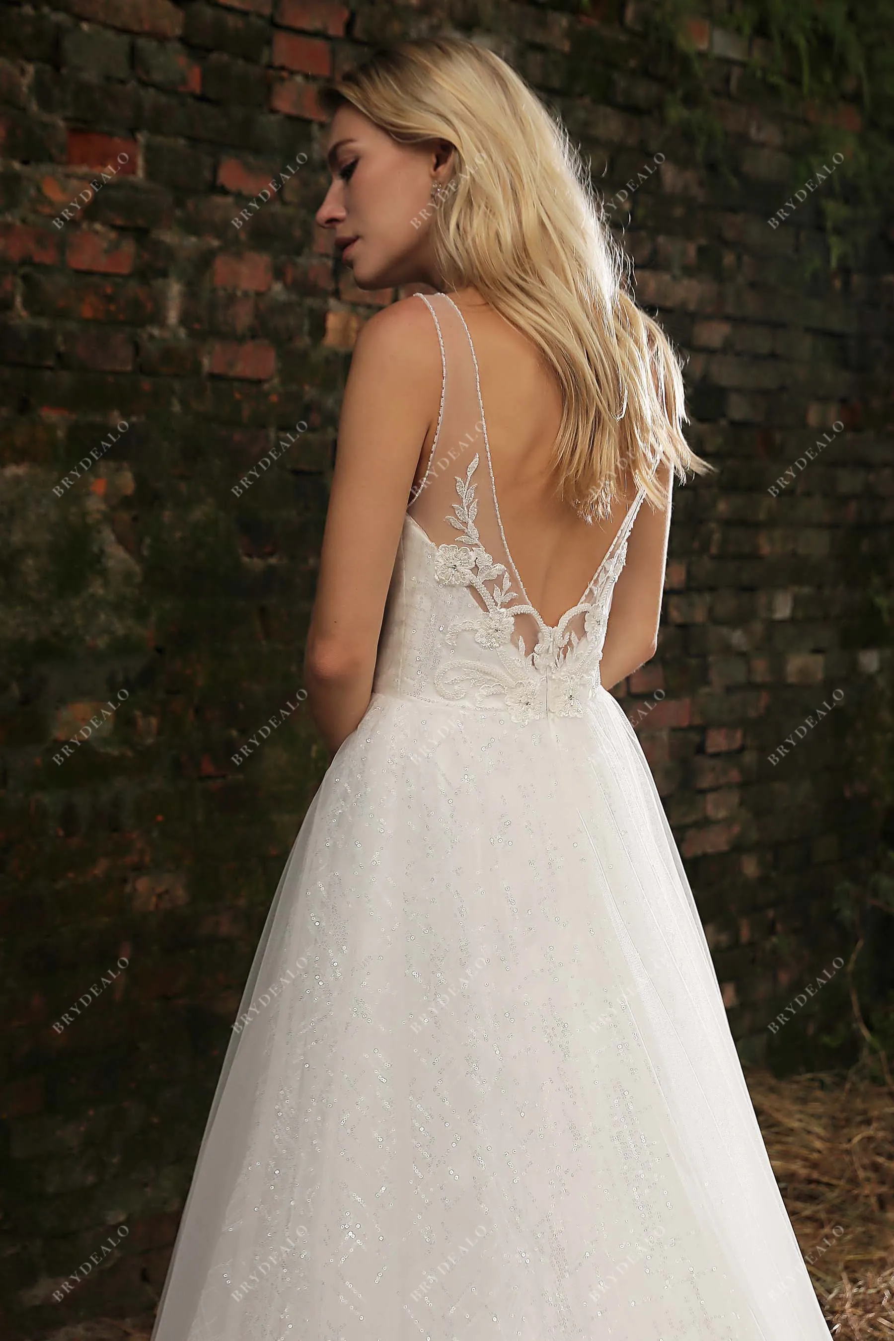 Beaded Lace Plunging Neck A-line Sequined Bridal Dress