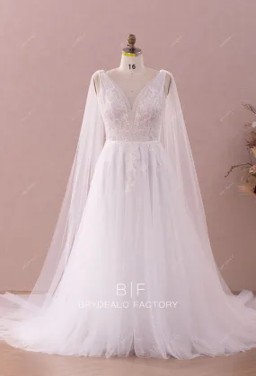 Beaded Lace Plunging Shoulder Veil A-line Wedding Dress