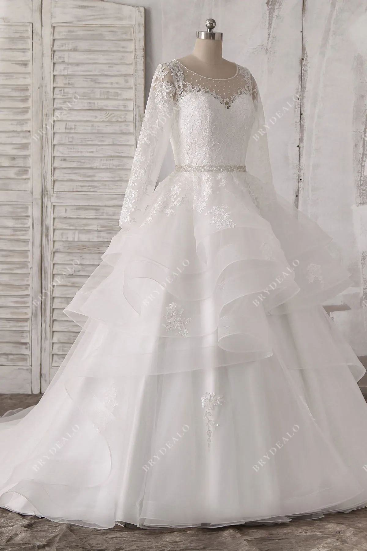 Beaded Lace Tulle Ruffled Ballgown Wedding Dress