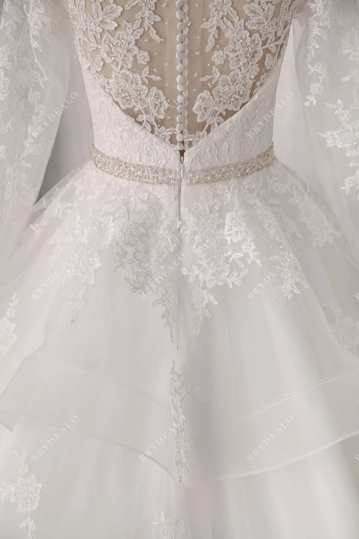Beaded Lace Tulle Ruffled Ballgown Wedding Dress