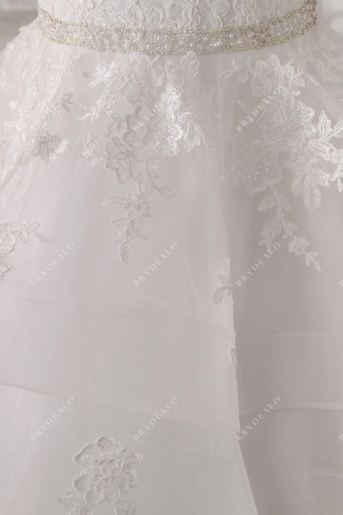 Beaded Lace Tulle Ruffled Ballgown Wedding Dress
