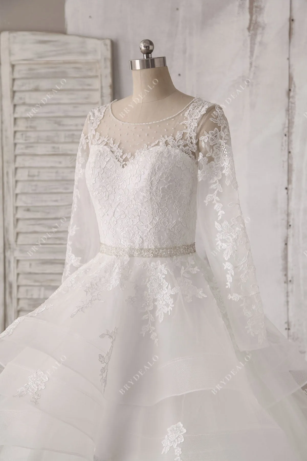 Beaded Lace Tulle Ruffled Ballgown Wedding Dress