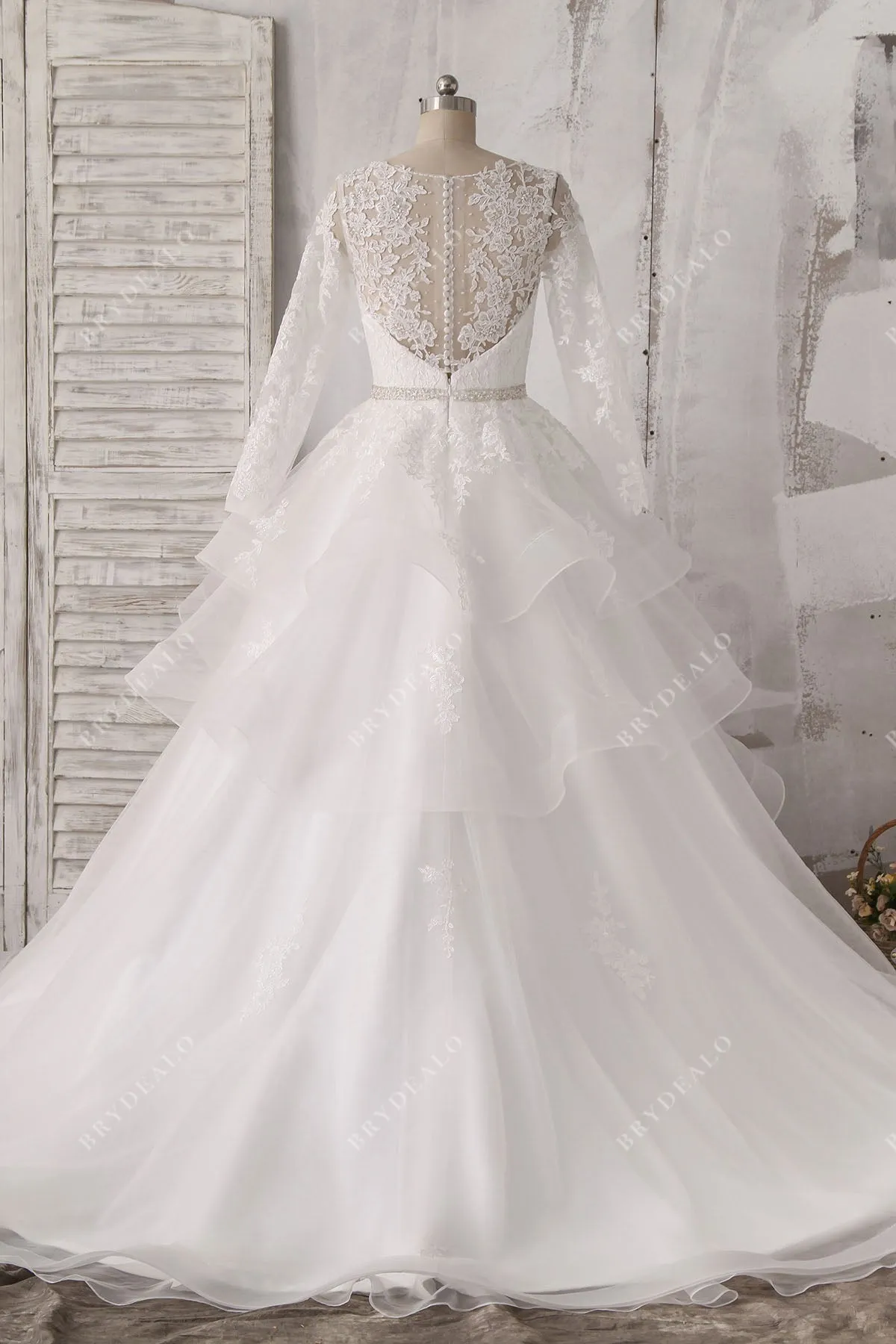 Beaded Lace Tulle Ruffled Ballgown Wedding Dress