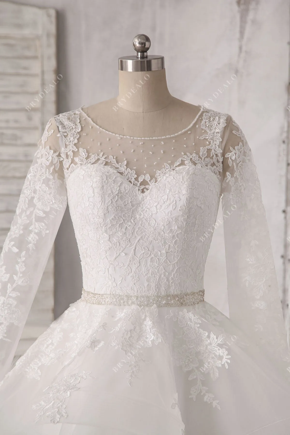 Beaded Lace Tulle Ruffled Ballgown Wedding Dress