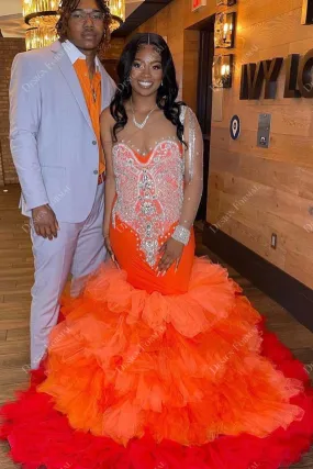 Beaded One-sleeve Orange Ruffled Tulle Custom Trumpet Prom Dress
