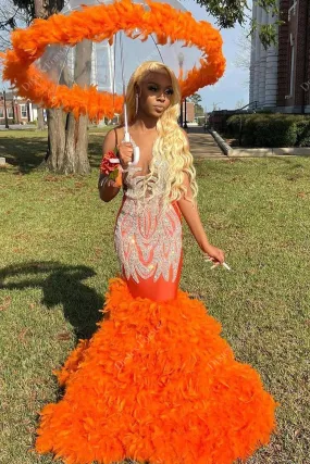 Beaded Plunging Orange Feather Designer Mermaid Prom Dress