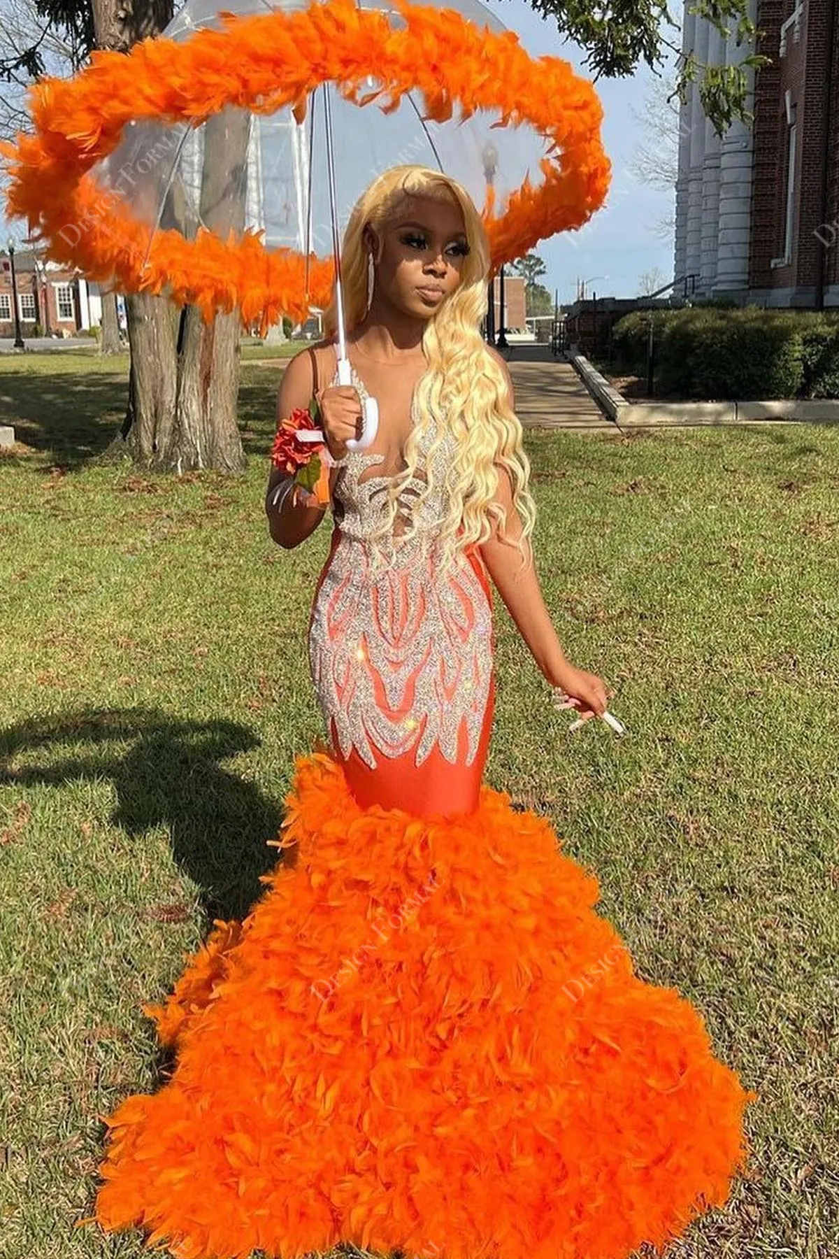 Beaded Plunging Orange Feather Designer Mermaid Prom Dress