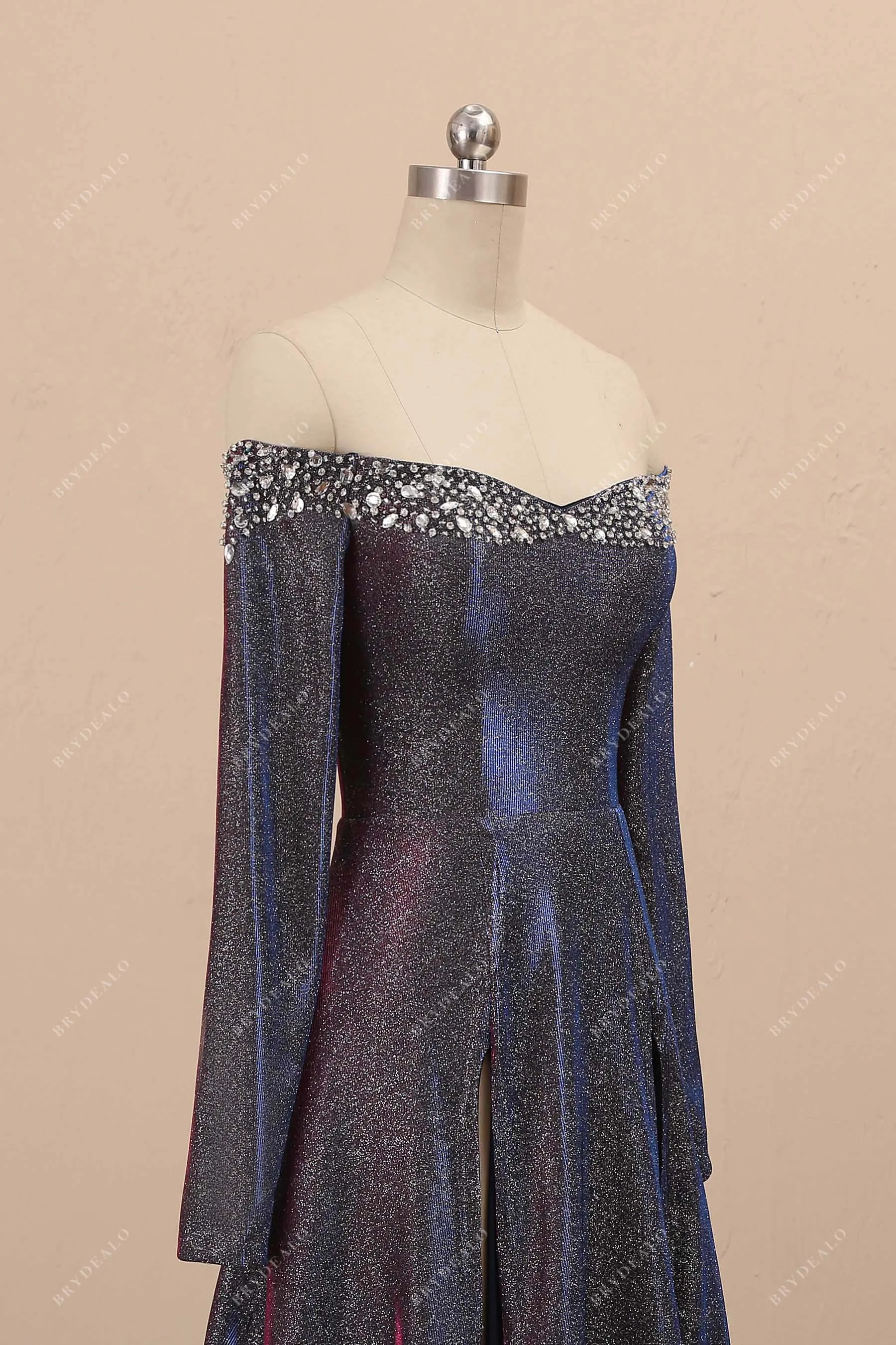 Beaded Purple Shimmering Sexy Slit Prom Gown
