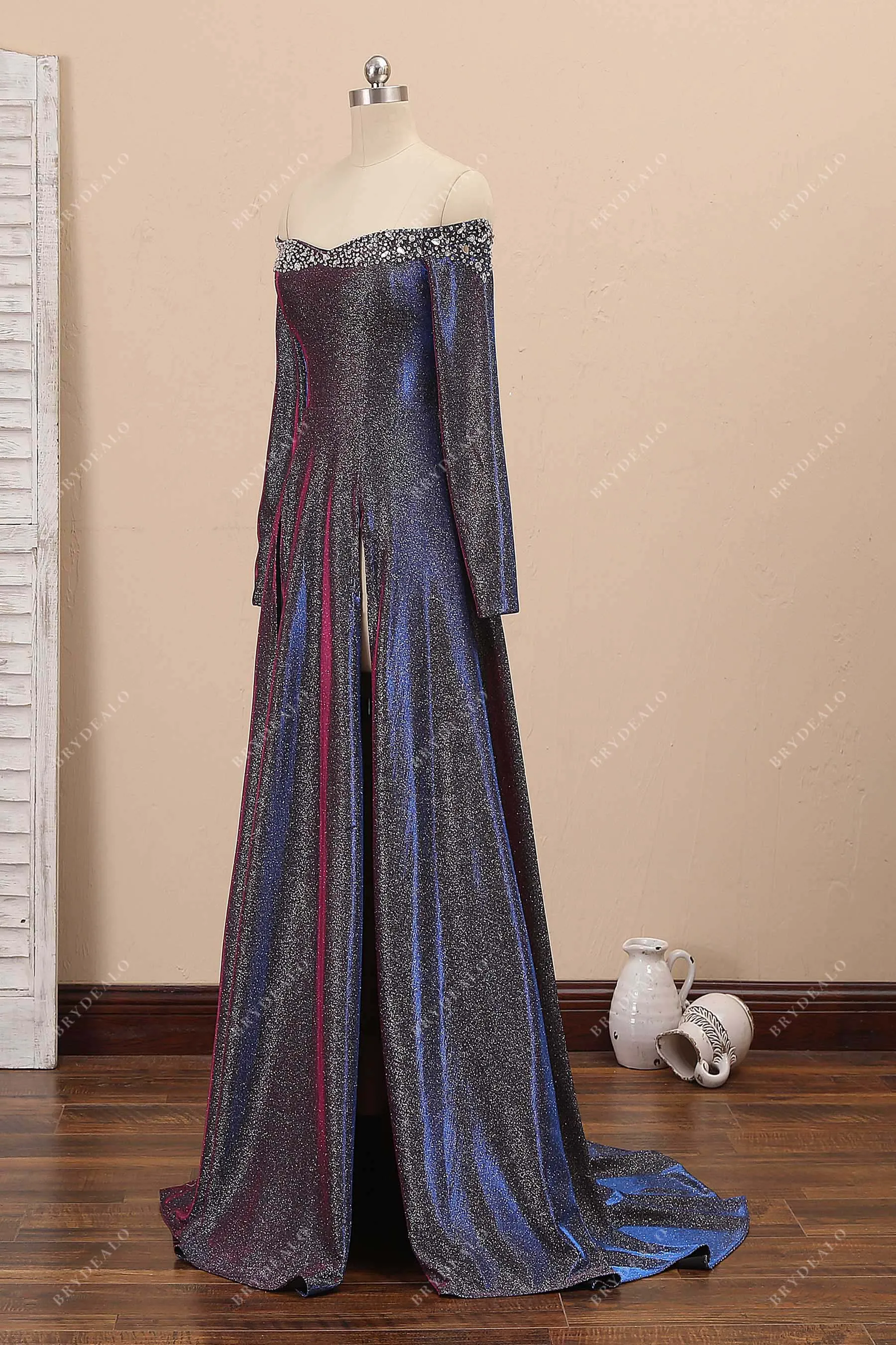 Beaded Purple Shimmering Sexy Slit Prom Gown