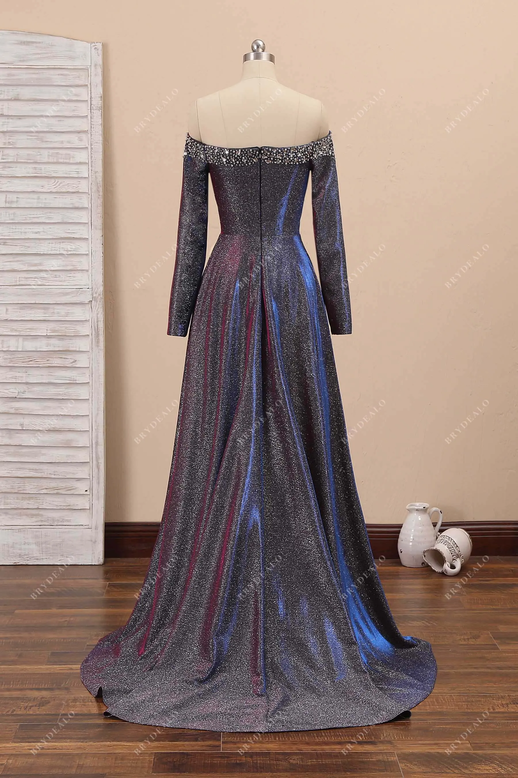 Beaded Purple Shimmering Sexy Slit Prom Gown