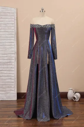 Beaded Purple Shimmering Sexy Slit Prom Gown