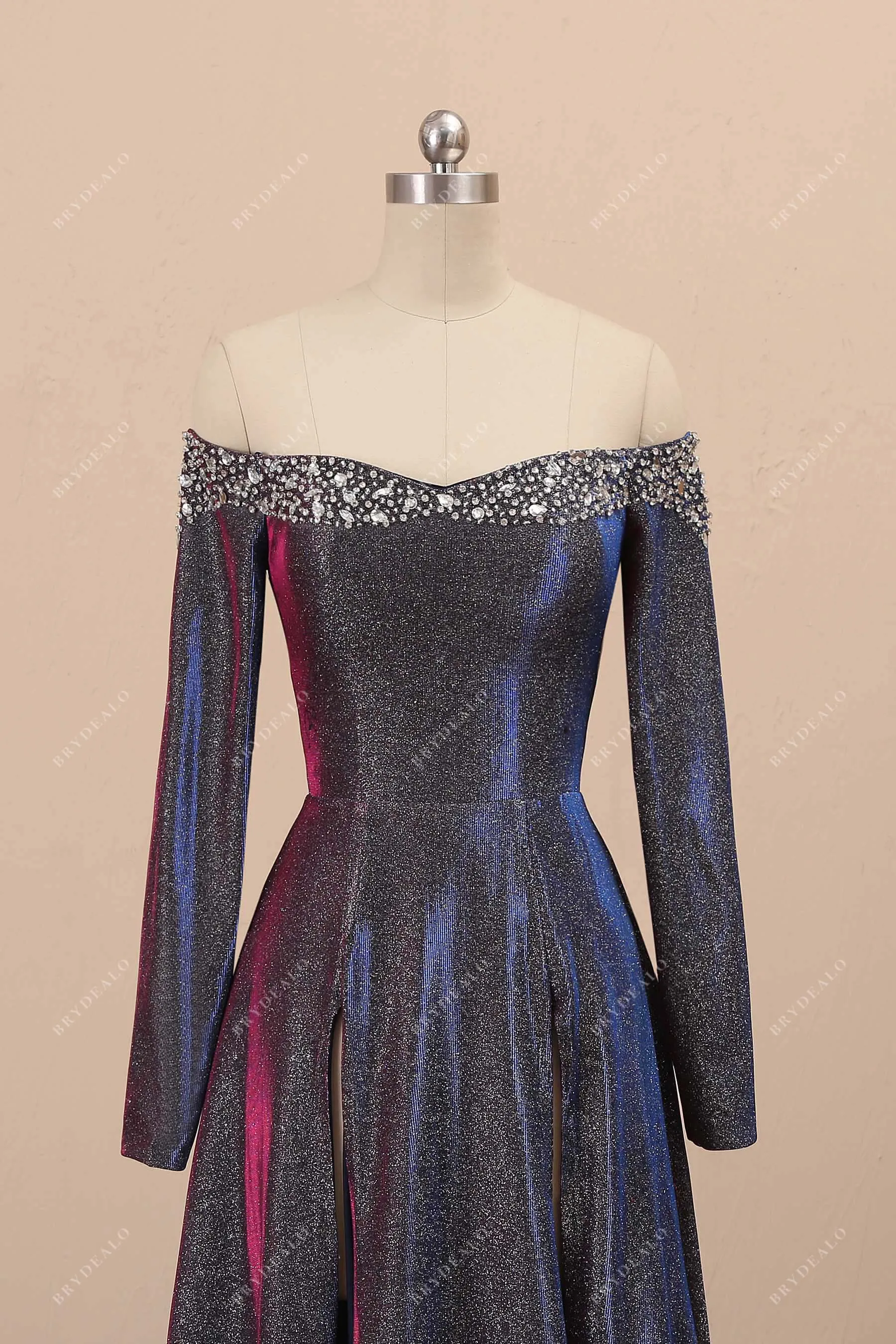 Beaded Purple Shimmering Sexy Slit Prom Gown