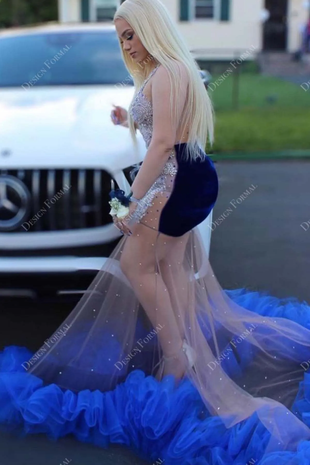 Beaded Sheer Mermaid Royal Blue Ruffled Tailor Made Prom Dress