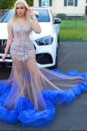 Beaded Sheer Mermaid Royal Blue Ruffled Tailor Made Prom Dress