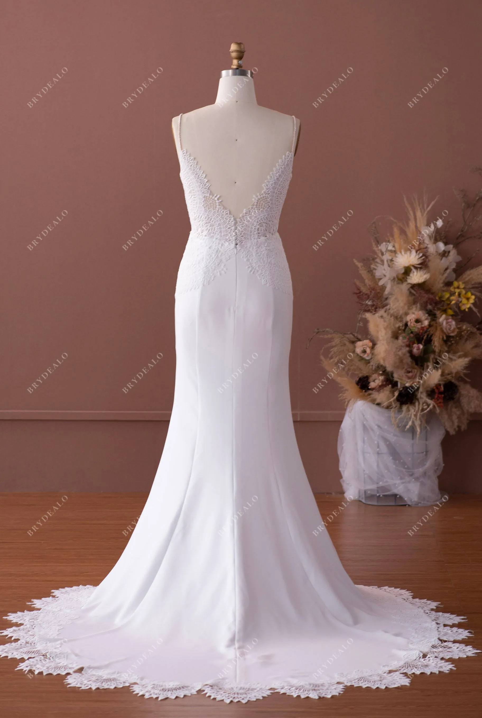 Beaded Straps Boho Scalloped Plunging Neck Crepe Wedding Dress