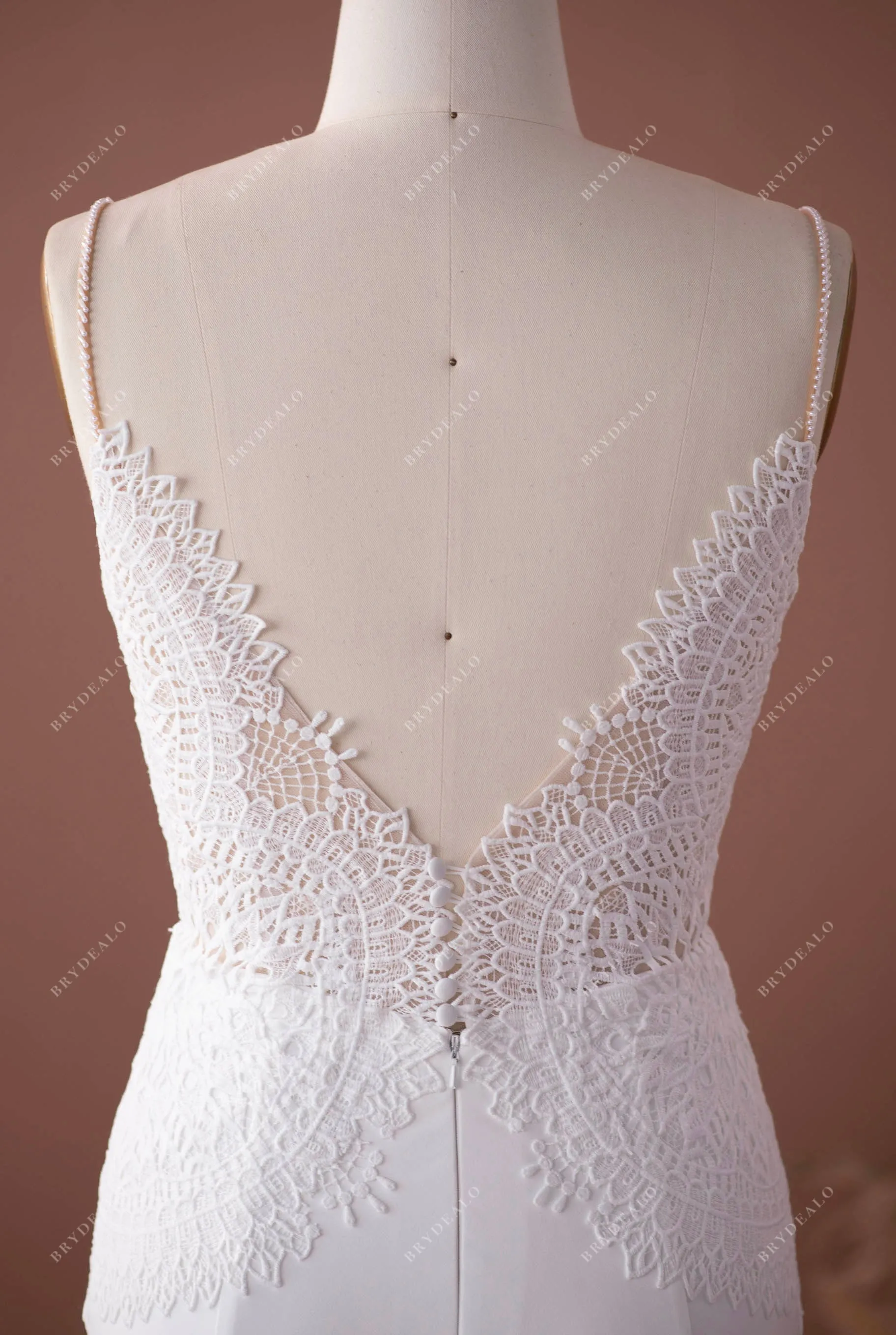 Beaded Straps Boho Scalloped Plunging Neck Crepe Wedding Dress