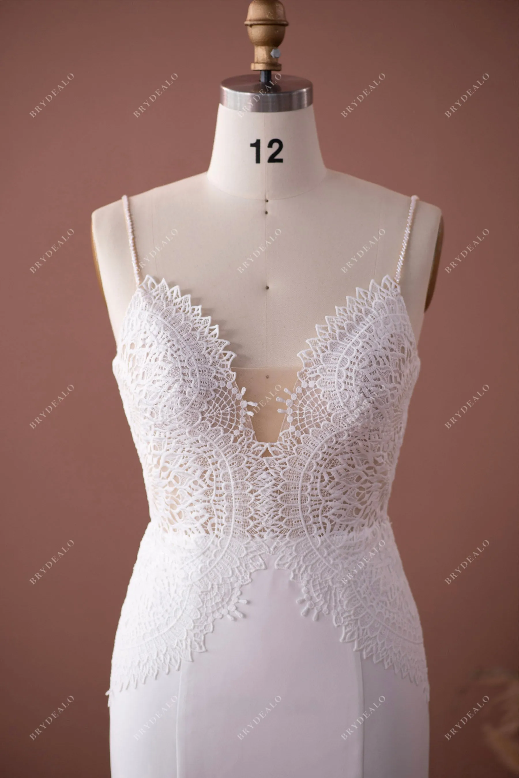 Beaded Straps Boho Scalloped Plunging Neck Crepe Wedding Dress