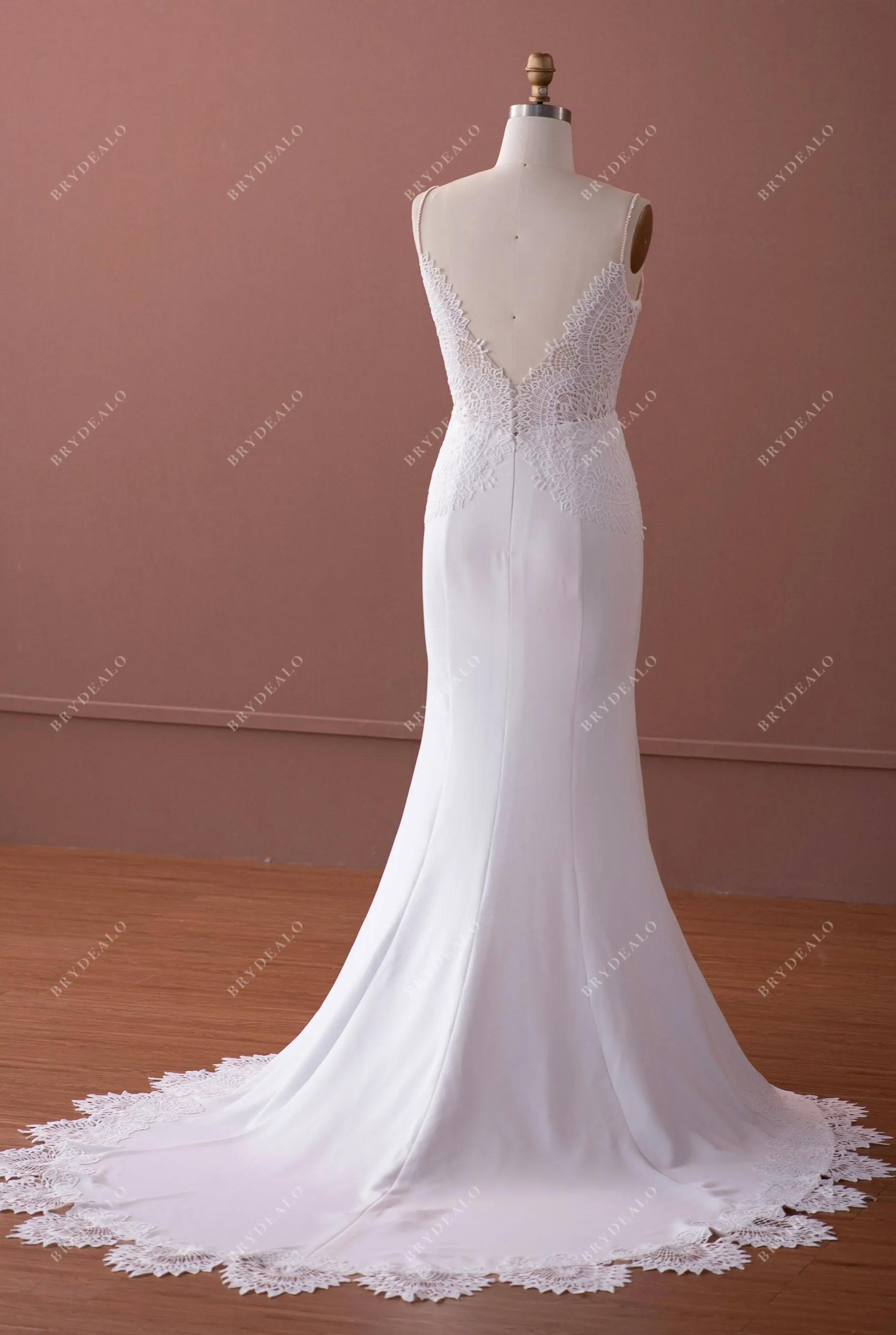 Beaded Straps Boho Scalloped Plunging Neck Crepe Wedding Dress