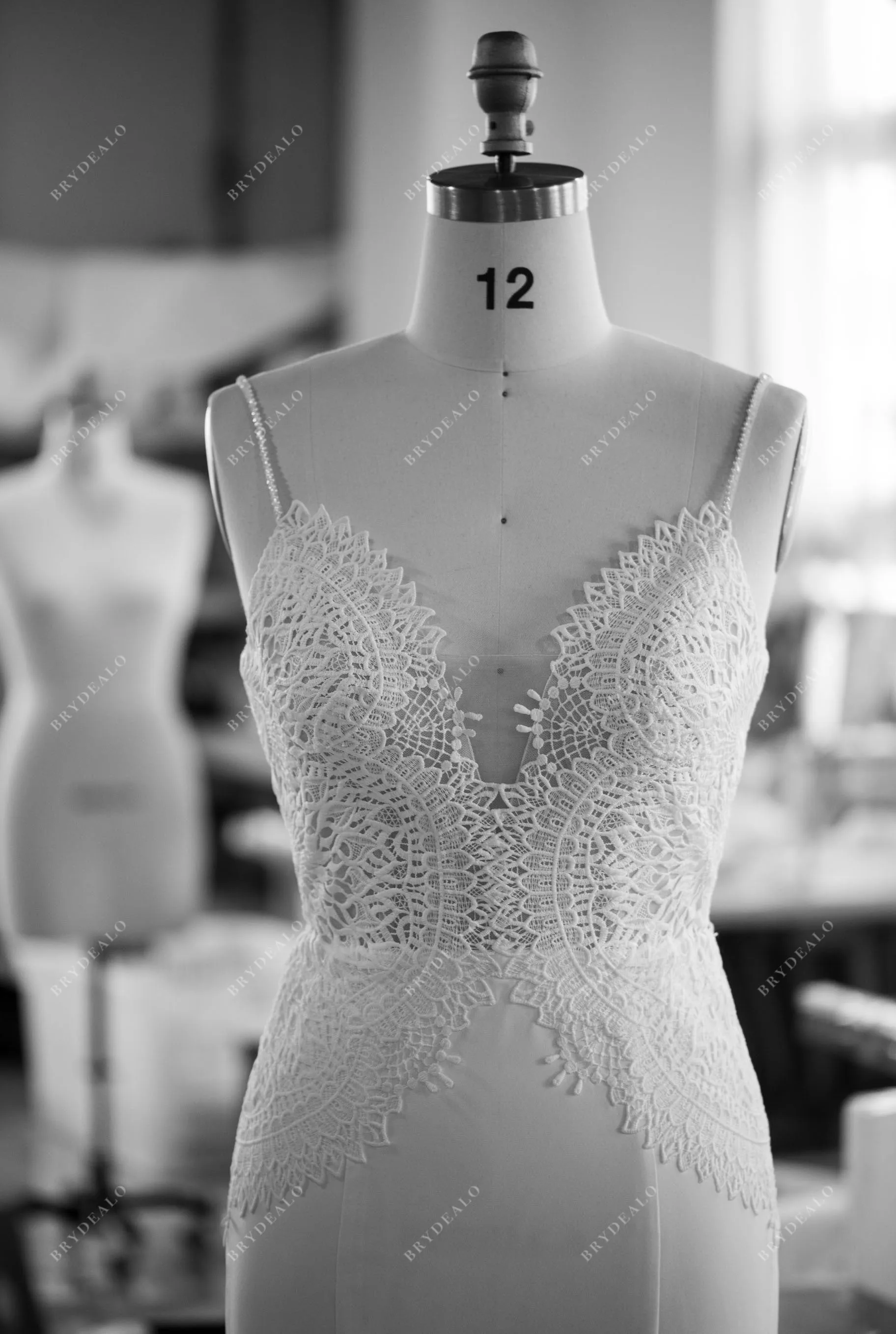 Beaded Straps Boho Scalloped Plunging Neck Crepe Wedding Dress