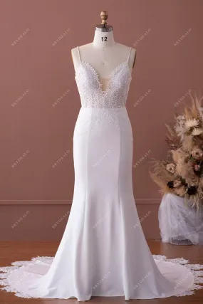 Beaded Straps Boho Scalloped Plunging Neck Crepe Wedding Dress