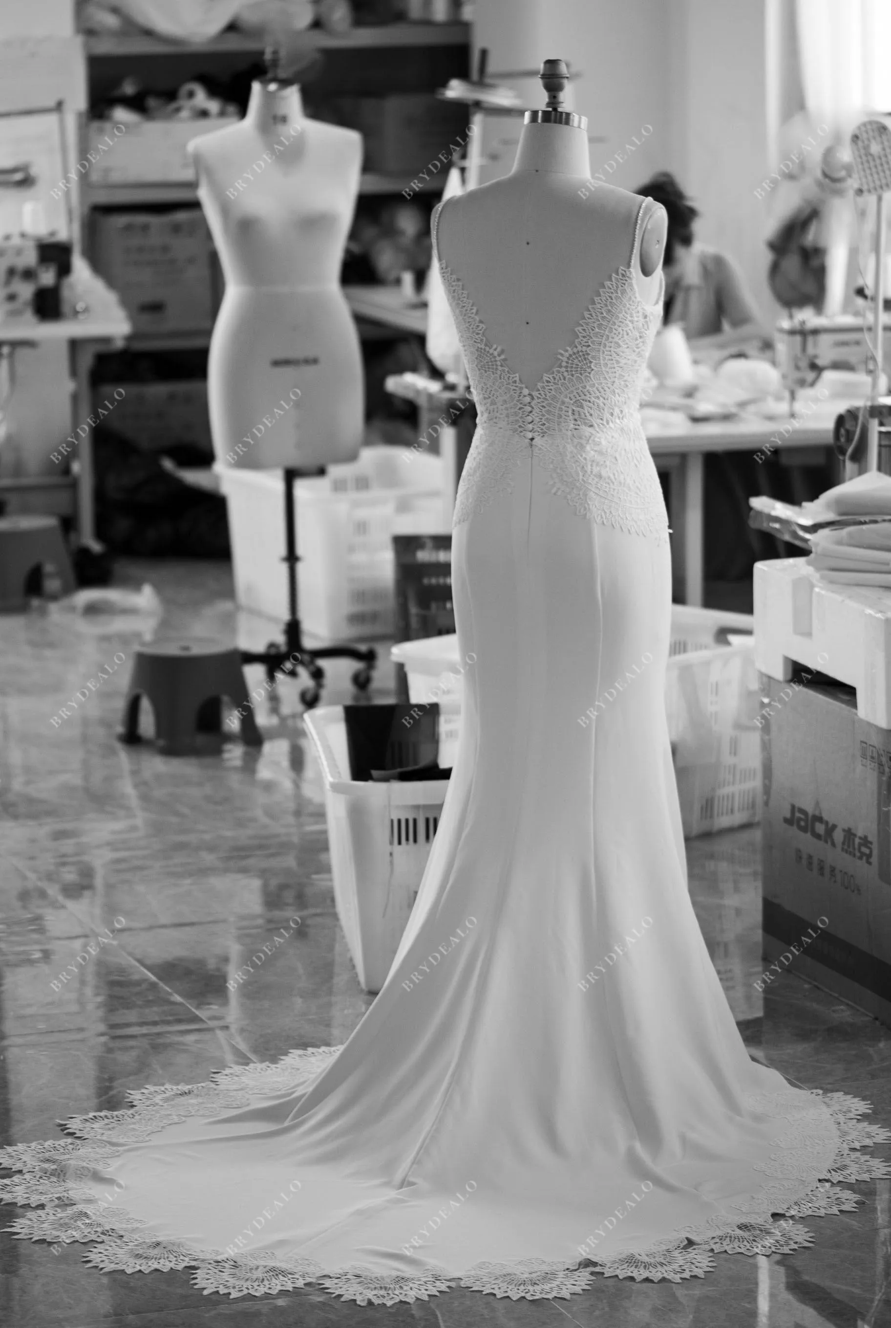 Beaded Straps Boho Scalloped Plunging Neck Crepe Wedding Dress