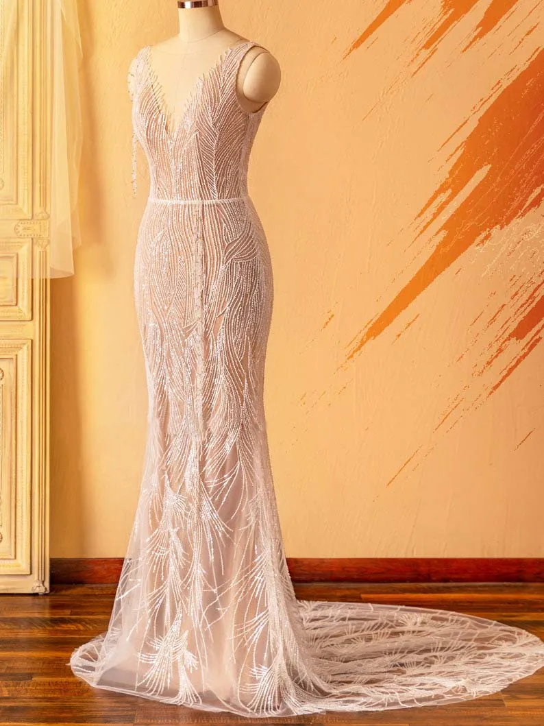 Beaded Tassel Shoulder Illusion Neck Mermaid Bridal Dress