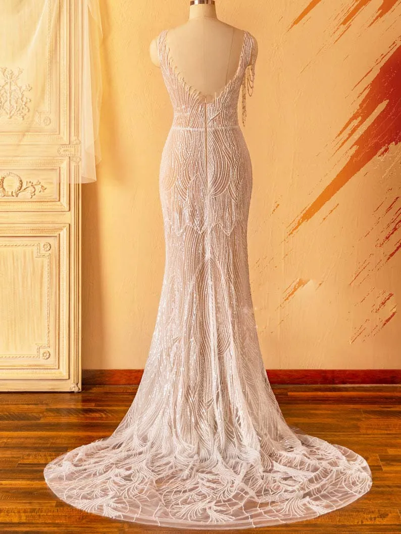 Beaded Tassel Shoulder Illusion Neck Mermaid Bridal Dress