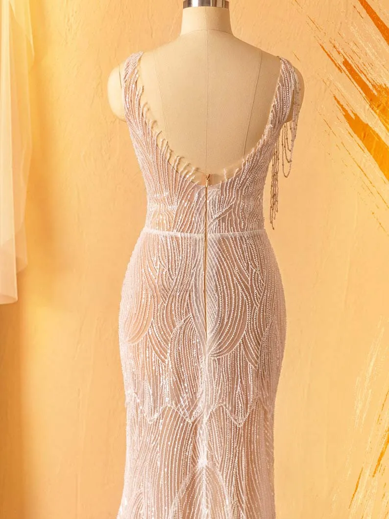 Beaded Tassel Shoulder Illusion Neck Mermaid Bridal Dress