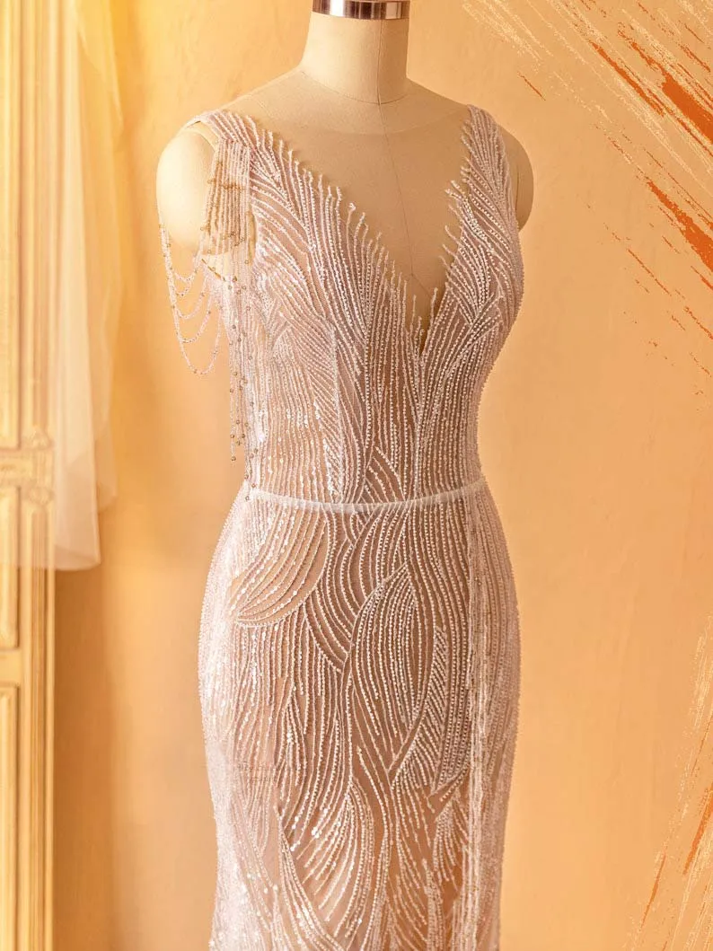 Beaded Tassel Shoulder Illusion Neck Mermaid Bridal Dress