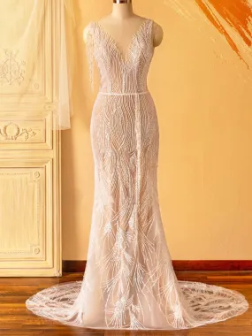 Beaded Tassel Shoulder Illusion Neck Mermaid Bridal Dress