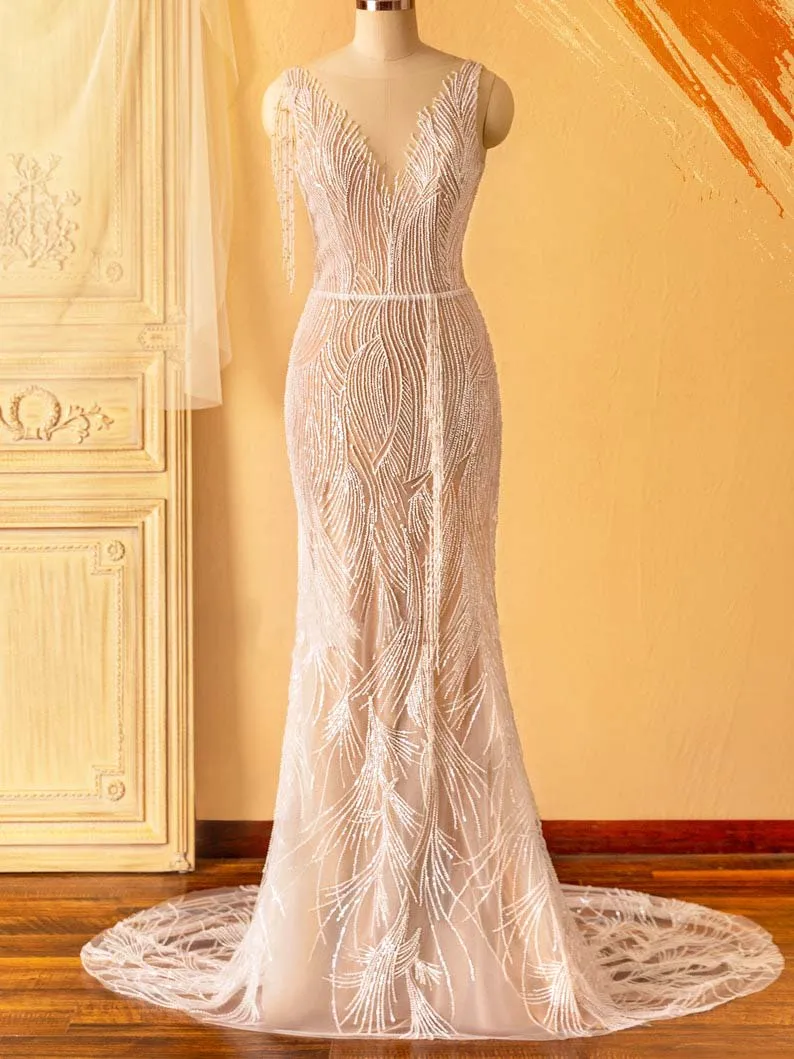Beaded Tassel Shoulder Illusion Neck Mermaid Bridal Dress