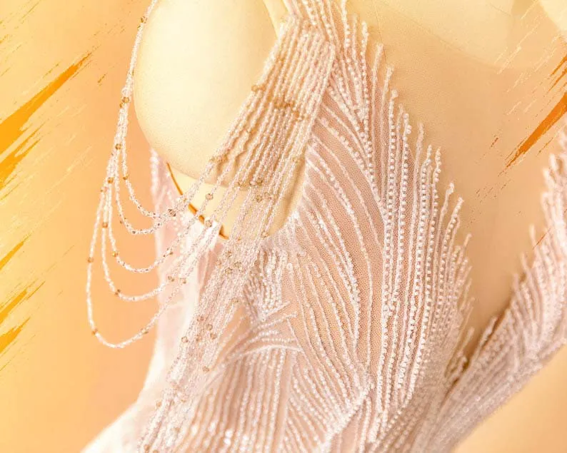 Beaded Tassel Shoulder Illusion Neck Mermaid Bridal Dress