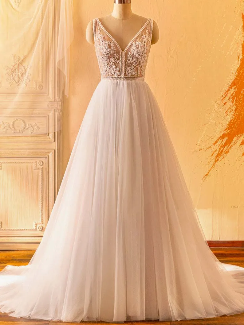 Beaded V-neck Lace Tulle Ball Gown Wedding Dress