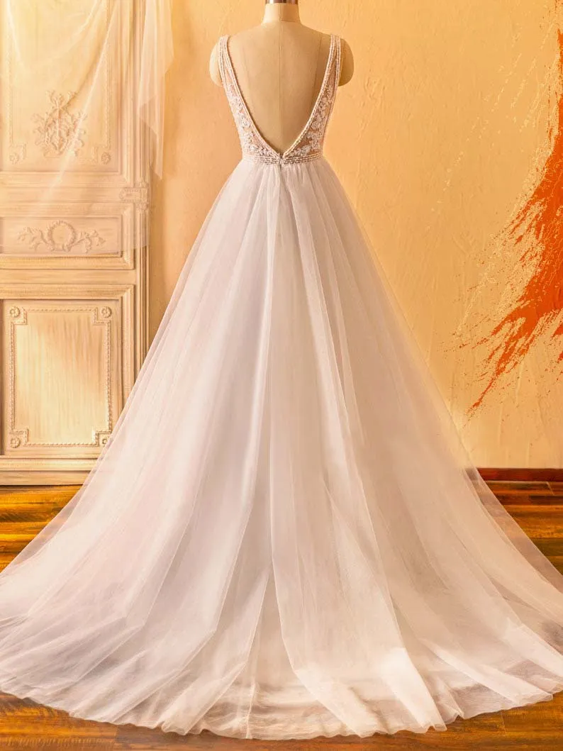 Beaded V-neck Lace Tulle Ball Gown Wedding Dress