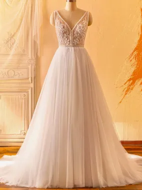 Beaded V-neck Lace Tulle Ball Gown Wedding Dress
