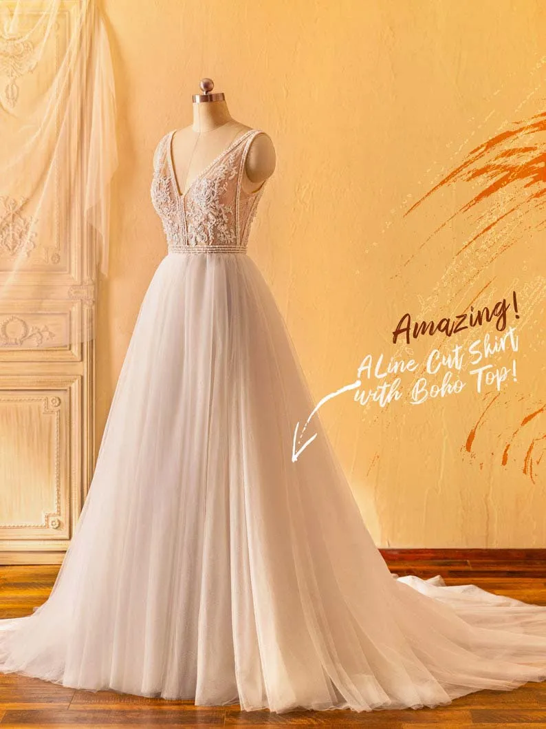 Beaded V-neck Lace Tulle Ball Gown Wedding Dress