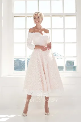 Beautiful Lace Pearl Pink V-cut Off Shoulder Short Bridal Dress
